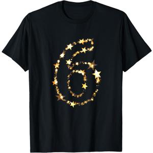 Number 6 T-Shirt for Birthday or Anniversary Gold Stars T-Shirt, S
