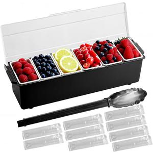 Chilled Condiment Server, 6 Compartment Ice Cooled Condiment Serving Container, Chilled Garnish Tray Bar Caddy with Lid, for Bartending & Serving Taco, Salad, Fruit, Home & Restaurant Supplies