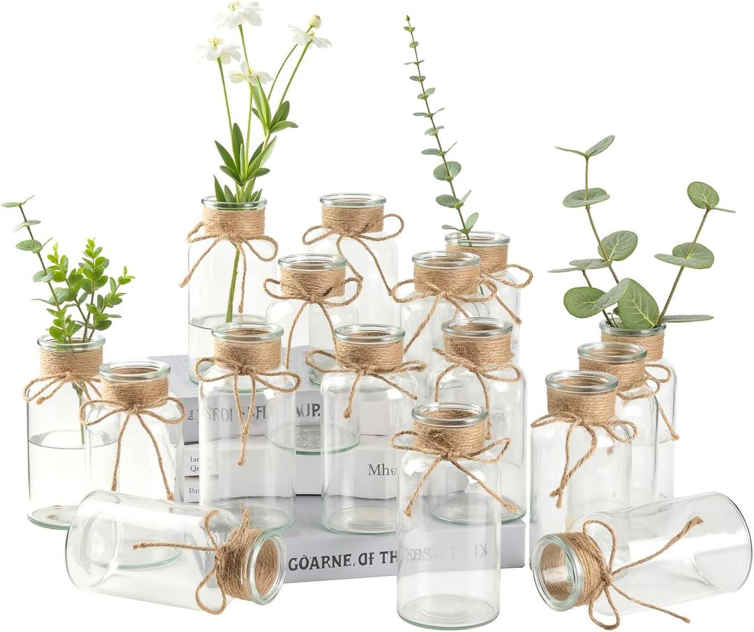 16 Glass Bud Vases 6.4 H, Mason Jars Transparent Centerpiece Vases with Hemp Rope for Weddings Parties Farmhouse Decor