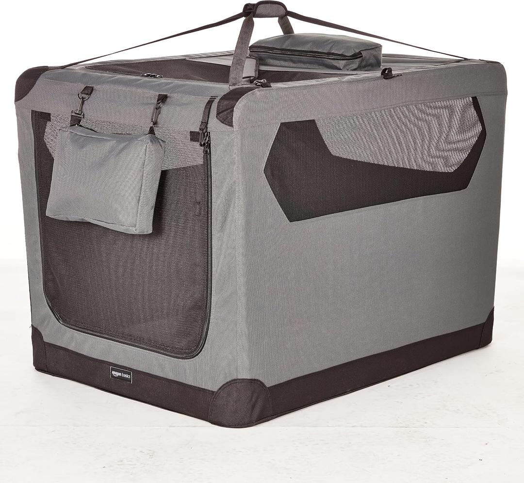 Amazon Basics Portable Foldable Soft Pet Dog Crate Carrier Kennel with Mesh Windows, Ventilation, Pockets for Large Dogs, 42 x 31 x 31 inches, Grey