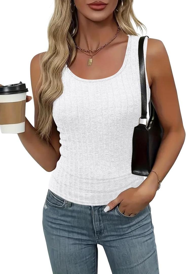 Womens Tank Tops Crewneck Sleeveless Summer Sweaters Vest Casual Basic Tees Ribbed Shirts (White, M)