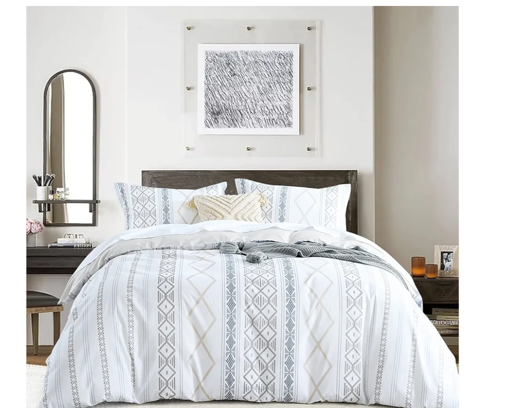 CozyDH Grey Stripe Boho Duvet Cover Set Queen, 3pcs 100% Cotton Ultra Soft Breathable Aztec Comforter Cover with Zipper Ties, 1 Bohemian White Duvet Cover & 2 Pillowshams(Queen,Grey)