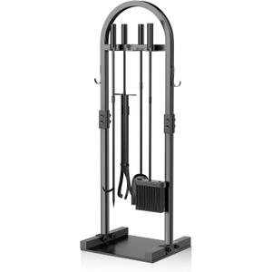 FUQUN Fireplace Tools Set, 5 PCS Heavy Duty Sturdy Fire Place Poker Set with Stand, Wrought Iron Style Hearth Accessories for Indoor/Outdoor Wood Stove Fire Pit 