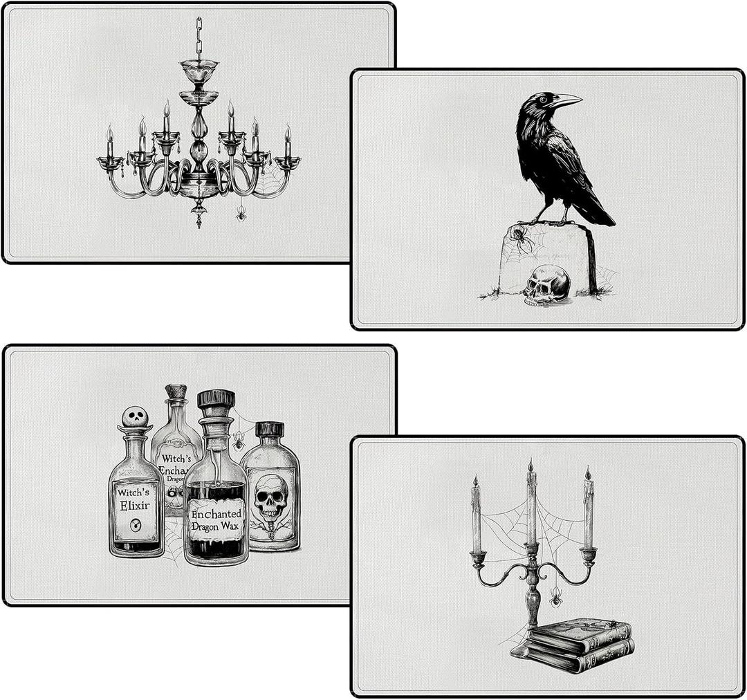 Set of 4 Halloween Placemat Decorations Gothic Place mats Set 12x18 Inch Vintage Washable Placemats for Home Party Kitchen Dining Holiday Decoration