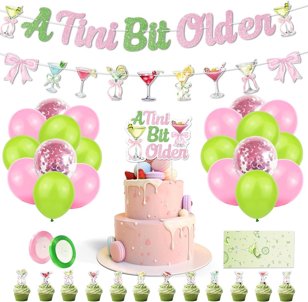 2 x Martini Party Decorations Set for Adults, A Tini Bit Older Birthday Theme Kit with Balloons, Banner, Cake Topper, Cupcake Picks & Tablecloth, Cocktail Decor for Women & Men