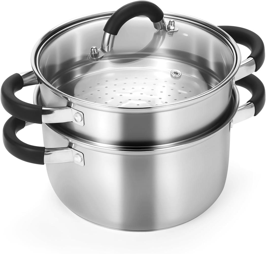 Kirecoo 3.2QT Steamer for Cooking - Stainless Steel Steam Pot with Steamer Basket, Cooking Stock Pot with Silicone Handle, Lid for Vegetable, Dumplings, Soup, Food, 3Ply Bottom Boiling Stew Cookware, 2 pack