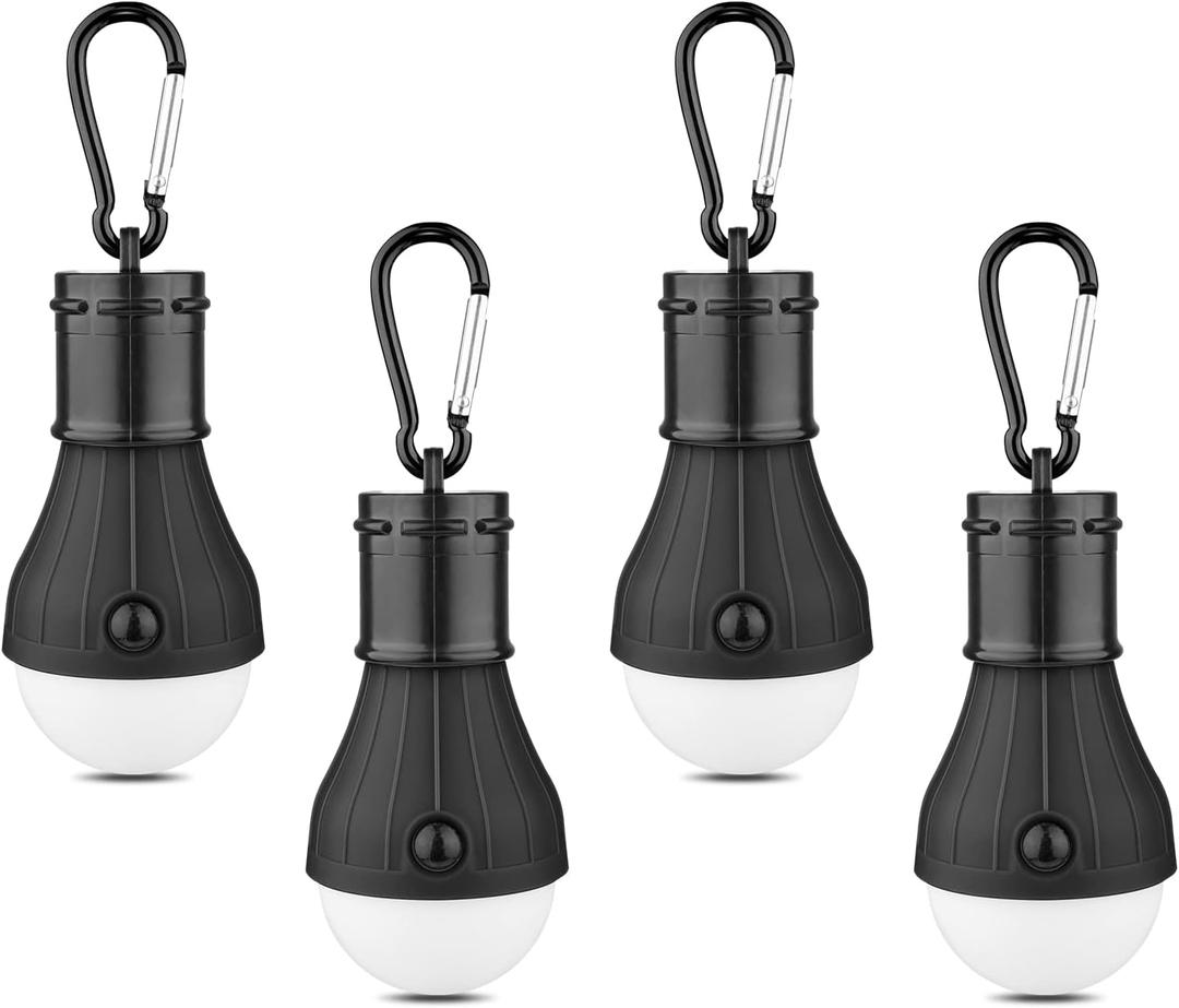 LED Camping Tent Lantern, Portable Outdoor Waterproof Emergency Light Bulb, Battery Powered with Clip Hook, Super Bright, for Hiking, PartyCamping, Fishing, Power Failure (4 Packs, Black )
