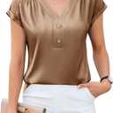 Blooming Jelly Womens Satin Silk Tops Pleated Dressy Casual Blouse V Neck Business Outfit Short Sleeves Summer Top (S)