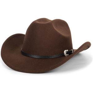 Western Cowboy Hat for Men Women Classic Roll Up Fedora Hat with Buckle Belt(Size:S-M) (Brown)