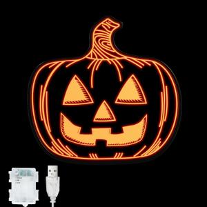 Halloween Pumpkin Night Lights, 15.35" x 15.86" Lighted Silhouette Decor for Window, Door, Wall, Glowing Pumpkin Holiday Display, 6Hr Timer, Battery/USB & Plug-in Lights Sign for Kids Party Decor 1pc