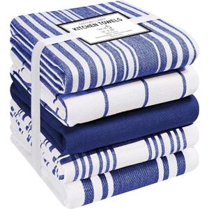 Cotton Clinic Assorted Kitchen Towels 5 Pack  Soft Absorbent Quick Drying Table & Kitchen Linen - Dish Towels, Dish Cloths, Tea Towel and Cleaning Towel with Hanging Loop  16x28 / Navy White