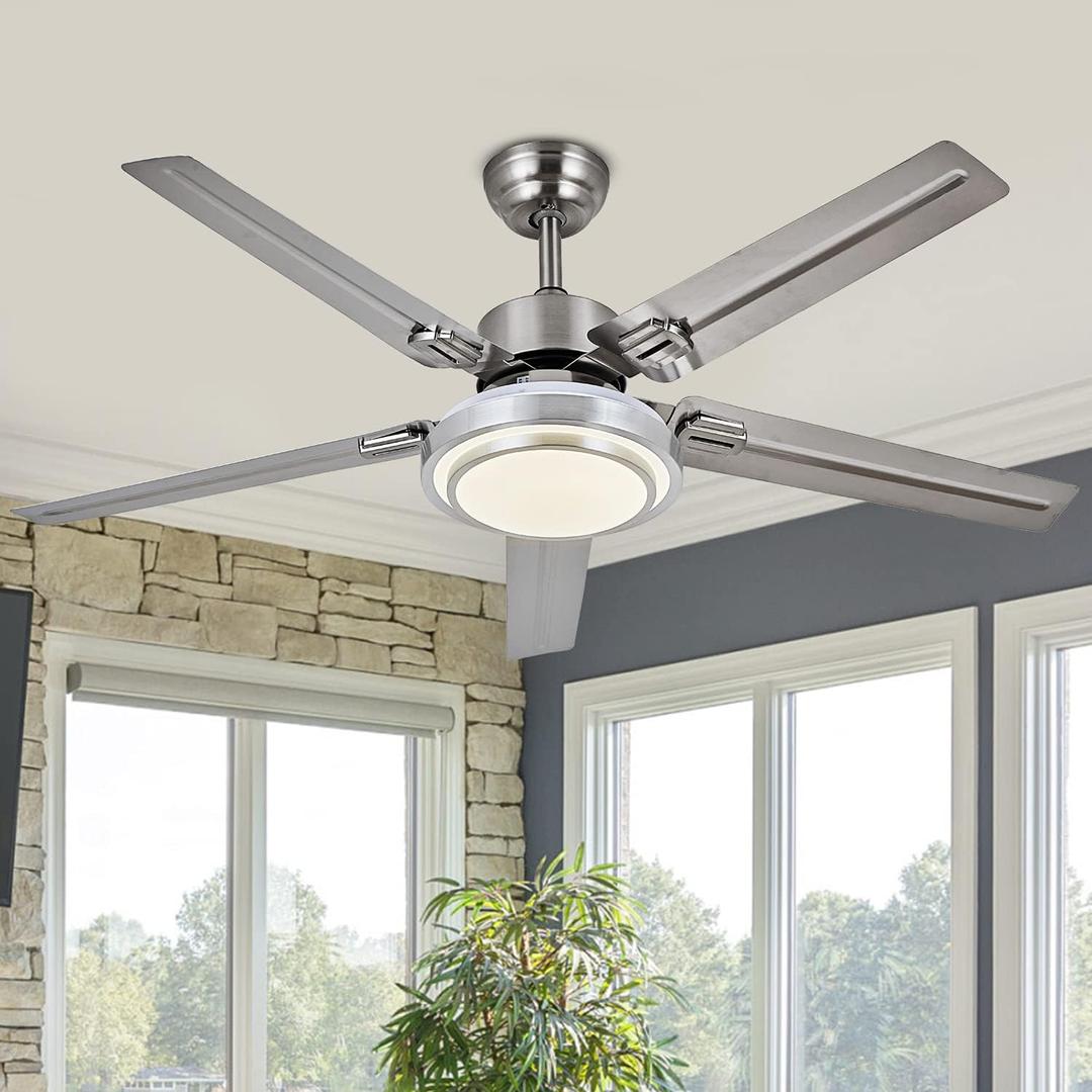 Ceiling Fan with Lights Remote Control, Modern Minimalist,6 Speeds 3 Color Dimmable Light, Brushed Nickel 52 Inch Stainless Steel 5 Blades for Kitchen Garage Dining RoomSilver