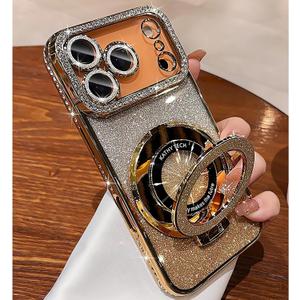 Luxury Bling Diamond Case for iPhone 17 Pro 6.3"- Clear Transparent Back with Glitter Card & Sparkling Rhinestones, Magnetic Kickstand, Shockproof Protection - Dazzling Cover for Women, Gold
