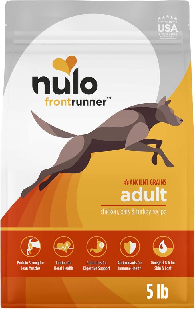 Nulo Frontrunner Dry Dog Food - Adult High-Protein Chicken, Oats & Turkey Recipe, Natural Kibble with Ancient Grains, Probiotics, Taurine, Omega 3 for Small, Medium and Large Breeds, 5lb Bag (EXP 01/05/27)