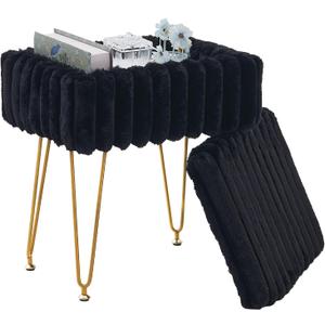 Wimarsbon Storage Ottoman, Vanity Stools with Metal Legs, 16.5" x 11.8" x 18" Modern Faux Mink Fur Footstool, Makeup Chair with Anti-Slip Feet, Accent Table,Footrest,Storage Bench for Bedroom (Black)