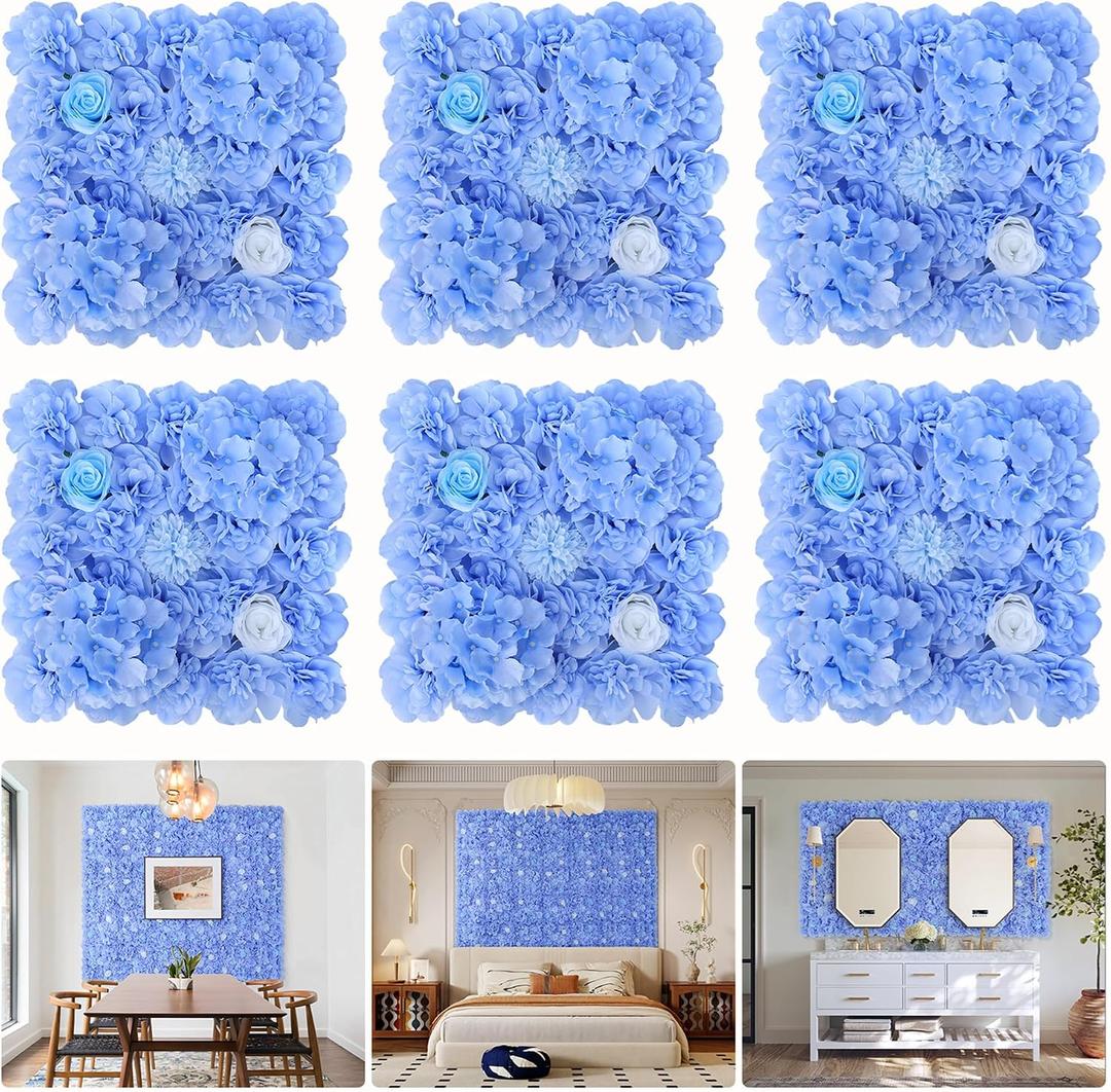 6pcs Flower Wall Backdrop 16.5"x16.5" Artificial Floral Panel-Blue