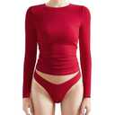 2 Pcs OMKAGI Women Long Sleeve Shirts Cotton Ribbed Fitted Basic Tops Crewneck Y2K Top(XS,Red-252)