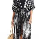 Cuffbow Long Beach Coverups for Women Kimono Boho Open Front Swimsuit Loose Beach Casual Caftan Dress Beachwear Cardigans (Black White)