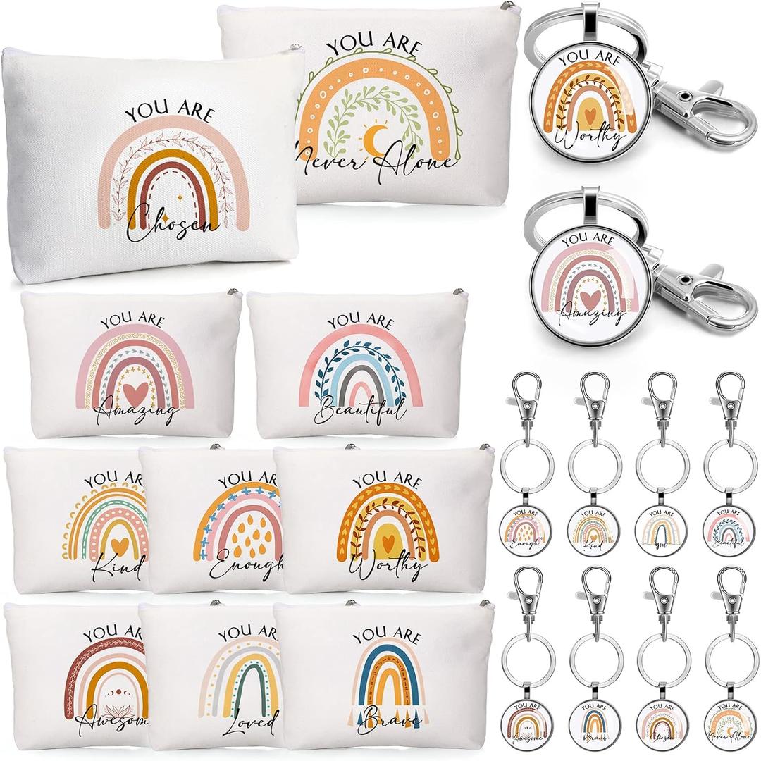 Sieral 20 Pcs Mothers Day Appreciation Gift Bulk for Women Employee Inspirational Canvas Makeup Bag Cosmetic Bag Toiletry Pouch Keychain Return Gift for Coworker Mom Nurse Teacher Birthday(Rainbow)