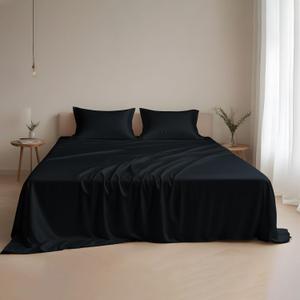 Linenwalas Black Silk Sheets King- Eucalyptus Tencel Lyocell 4Pc Sheets Set, Softest & Cooling-16 Deep Pocket Bottom Bed Sheet, Large Top Sheet & Pillowcases, Black Halloween Bedding (King)