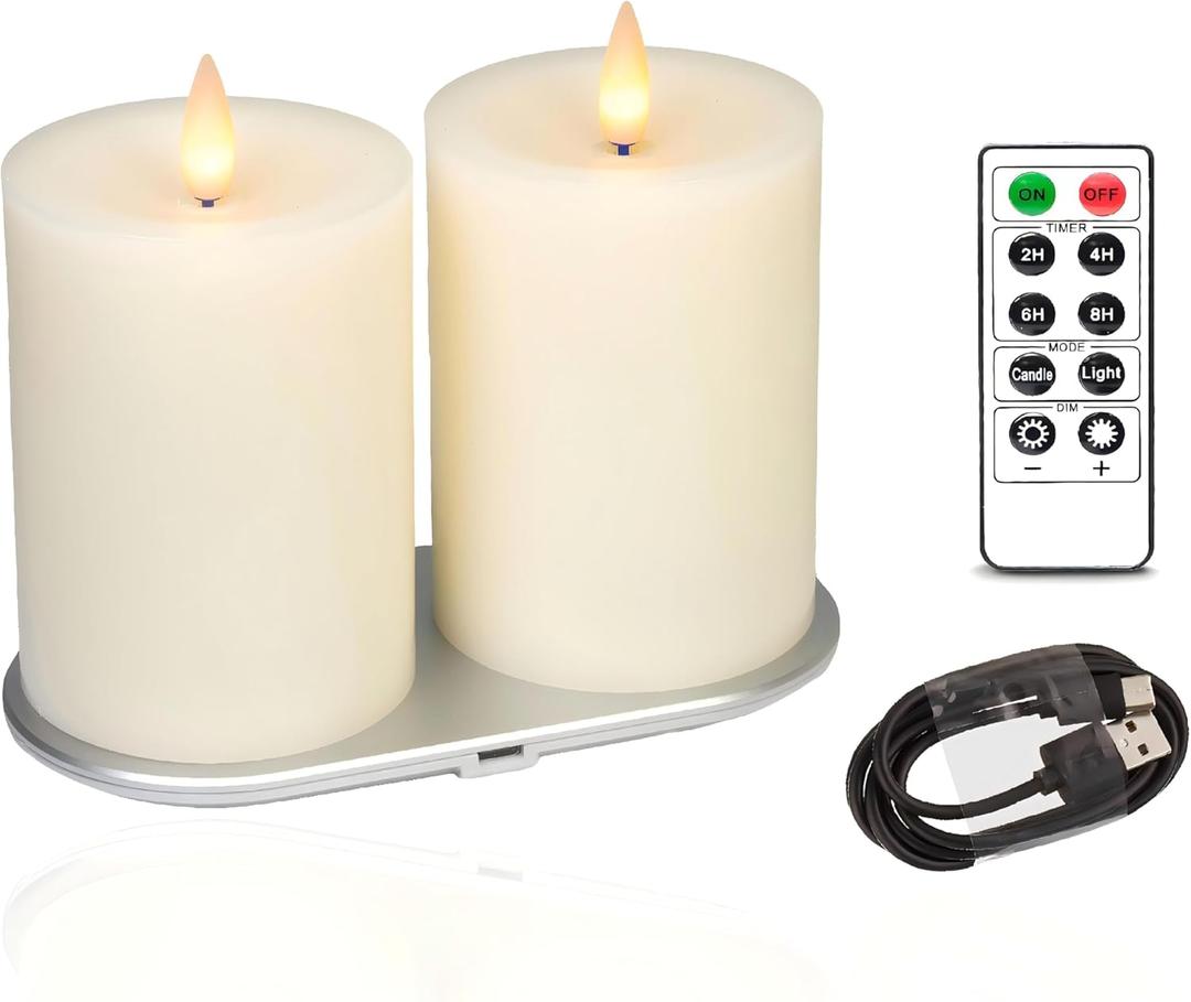 Rechargeable Flameless Pillar Candle with Remote Timer, 3D Moving Flame Real Wax Led Pillar Candles (Ivory, 3''x4'')