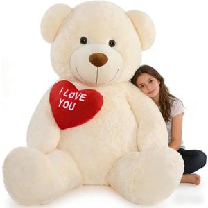Tezituor Giant Teddy Bear Stuffed Animal 5Ft with Heart,Large Cream I Love You Bear Plush Toys for Kids Gift for Girlfriend