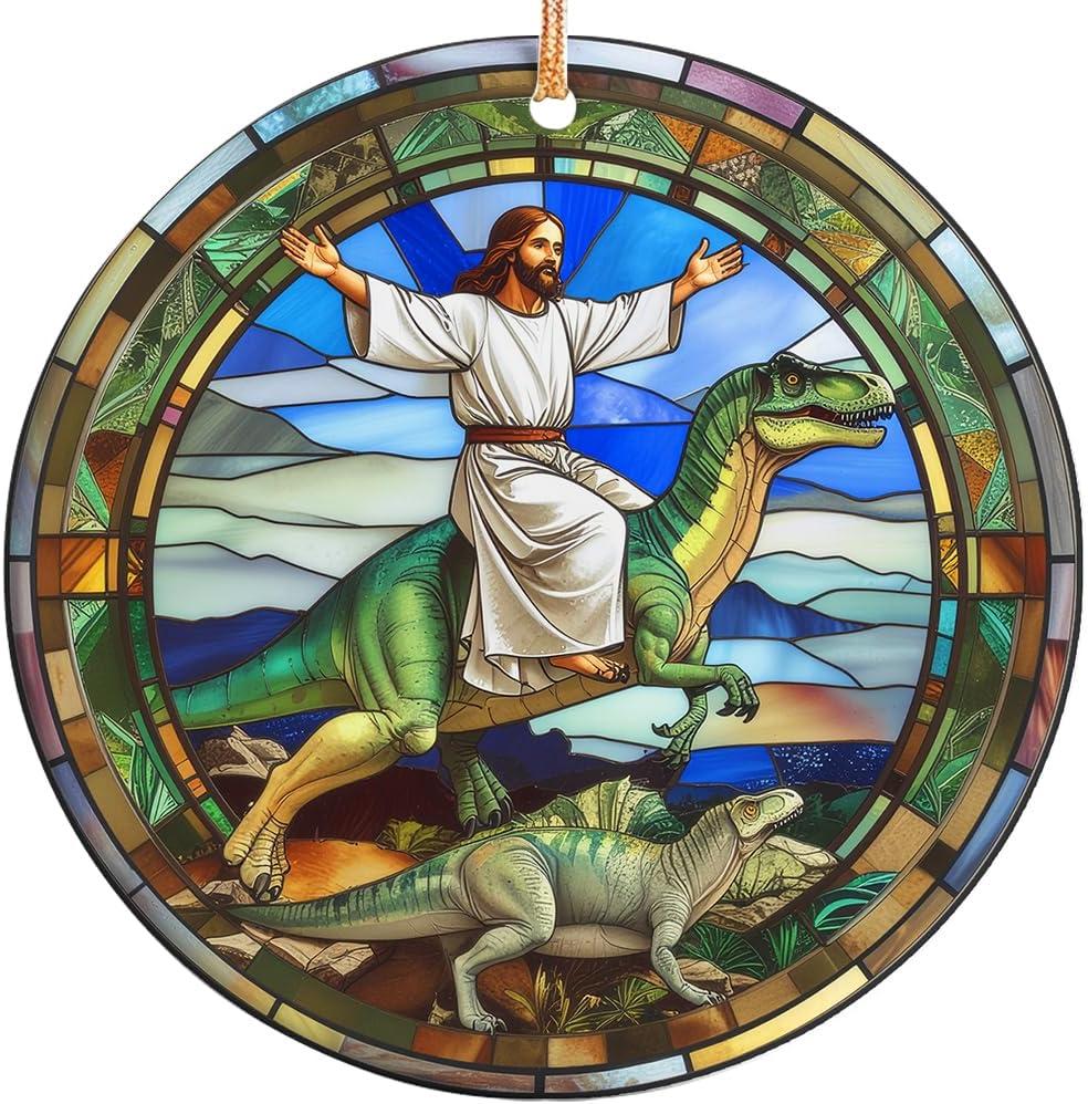 3 x 2025 Christmas Ornament – Funny Jesus Riding Dinosaur Xmas Tree Decoration, Religious Humor Holiday Ornament Gift