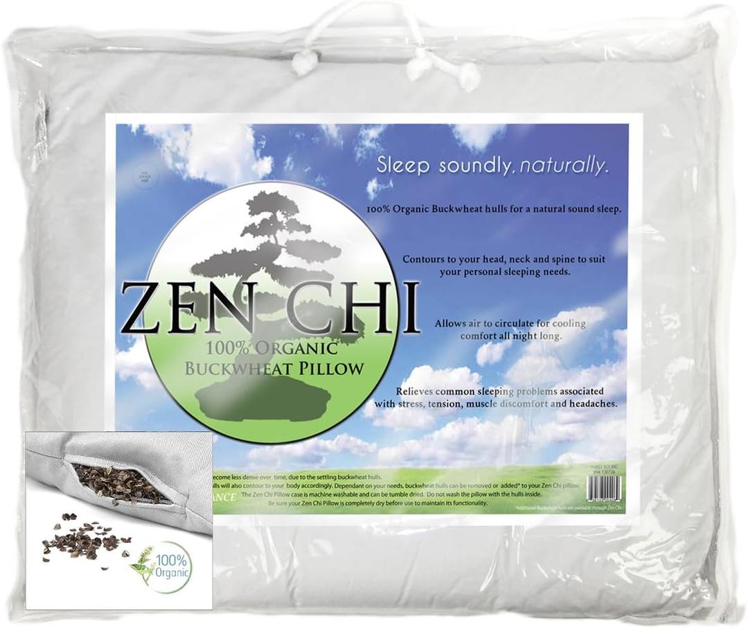 ZEN CHI Organic Queen Size Buckwheat Pillow for Sleeping (20X30)- Natural Cooling Technology, All Cotton Cover w Organic Buckwheat Hulls Comfortable Sleep, Naturally Adjusts to Head