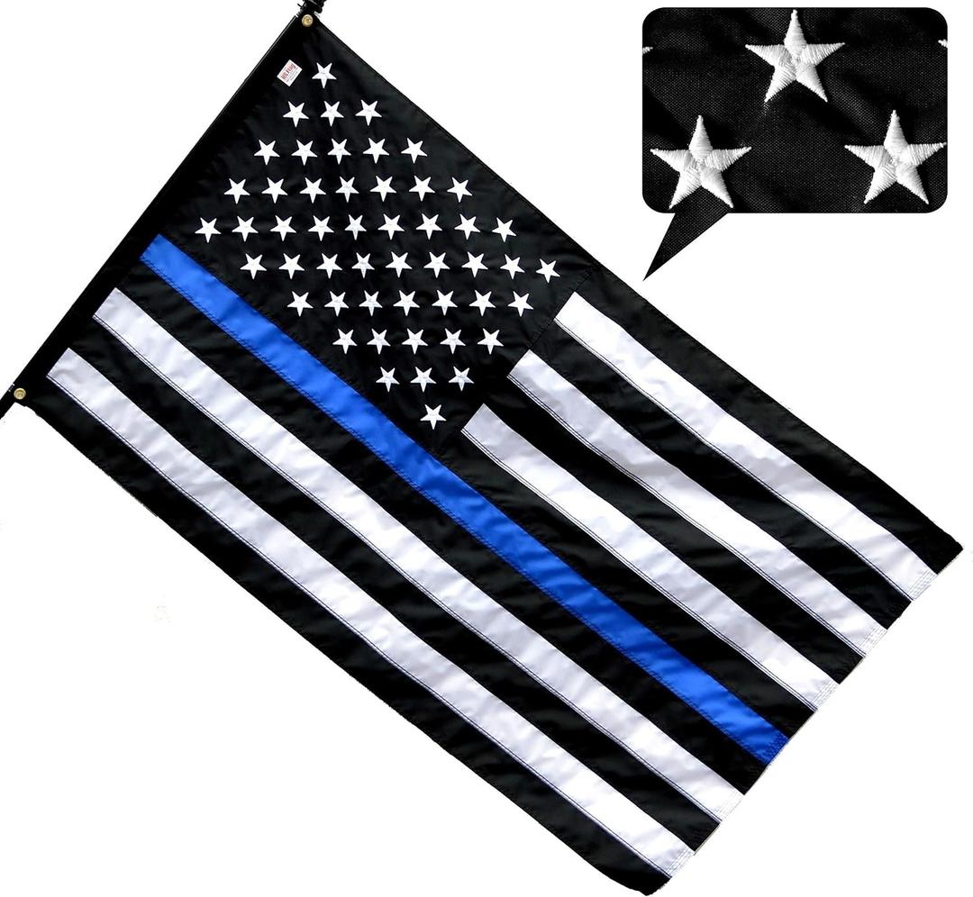 US Flag Factory 3x5 FT American Thin Blue Line Flag (Embroidered Stars, Sewn Stripes) for Police Officers - Blue Lives Matter Flag - 100% Made in America - Outdoor SolarMax Nylon