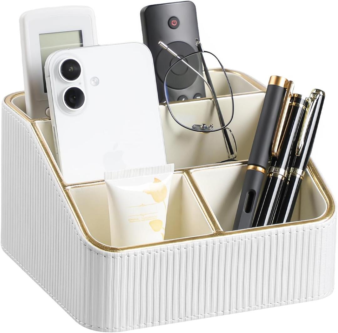 Remote Control Holder with 4 Compartments, PU Leather Small Nightstand Organizer for Home Desk Accessories Office Supplies, Multifunctional Stylish Small Bedside Desktop Organizers (White)