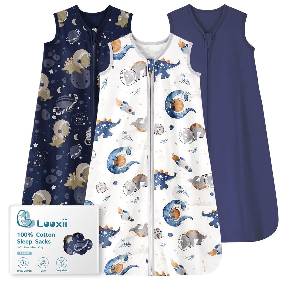 Looxii Baby Sleep Sack 0.5 TOG, 100% Cotton 3 Pack Wearable Blanket Baby Sleep Bag for Newborn Infant, 2-Way Zipper Lightweight Toddler Sleeping Sack 18-24 Months (Blue+space+dinosaurs)