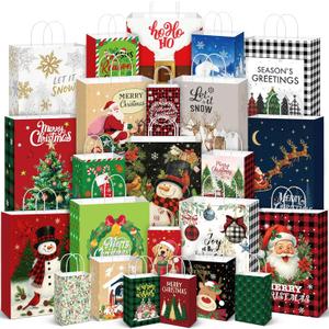 ALOVYY 24 Christmas Gift Paper Bags Bulk with Handles Wrapping Xmas Holiday Presents Christmas Party Favors (6 Jumbo,6 Large,6 Medium,6 Small)