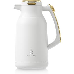 IDEUS Thermal Coffee Carafe 68oz (2,000ml), Stainless Steel Double Wall Insulated Vacuum Flask, Water Jug Coffee Server and Beverage Dispenser, Heat and Cold Retention (White-Gold, 68oz (2,000ml))