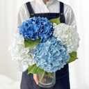 Blue/White Artificial Hydrangeas Silk Flowers, 4Pcs Large Latex Real Touch Lifelike Hydrangea Artificial Flowers,Faux Flowers Bouquet for Halloween Fall Wedding Outdoor Kitchen Table Home (White/Light Dark Blue)