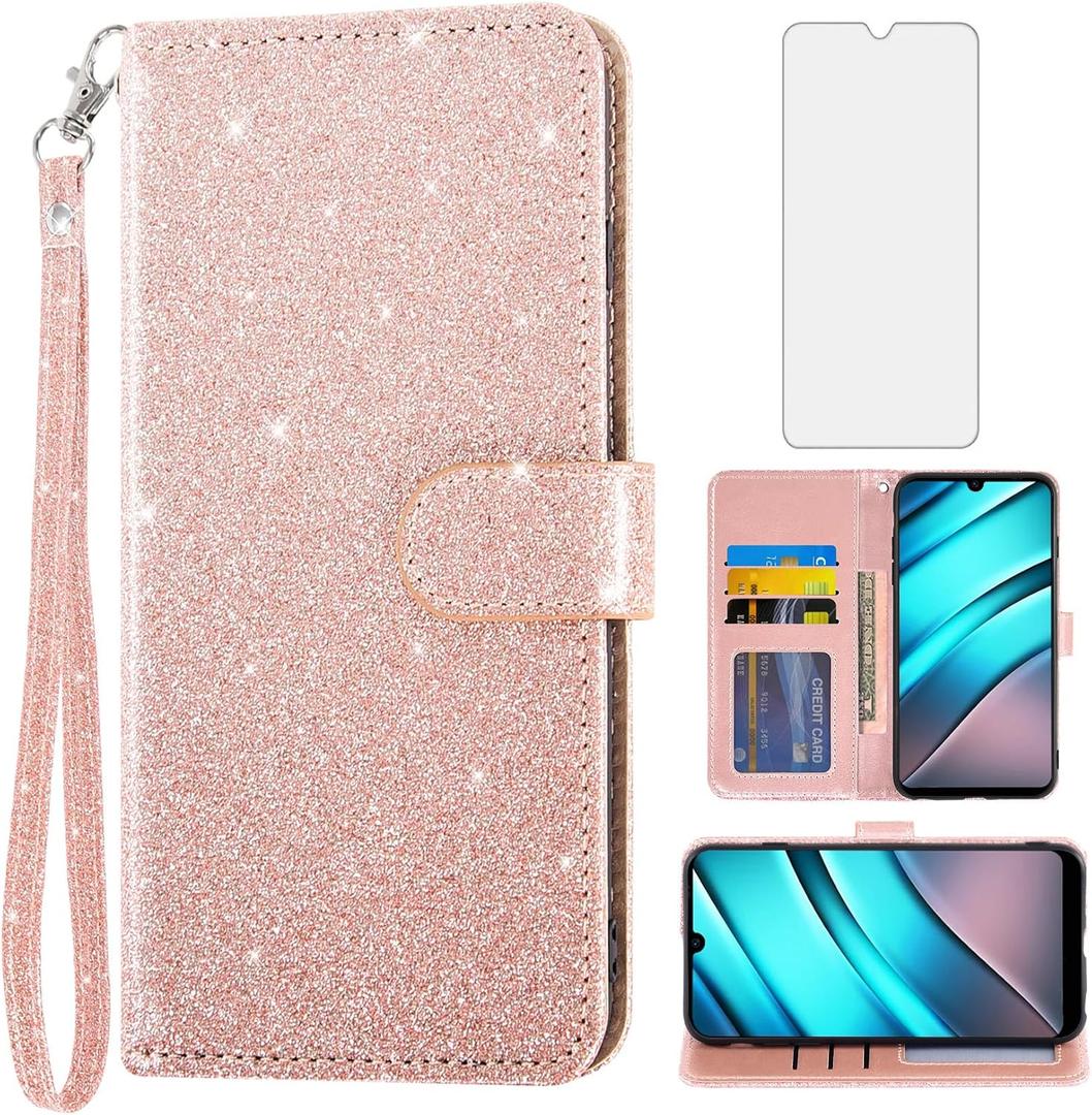 Asuwish Phone Case for Tracfone BLU View 4 B135DL with Tempered Glass Screen Protector and Cell Accessories Card Holder Slot Kickstand Flip Glitter Wallet Blue View 2 2023 View4 135DL Women Men Pink
