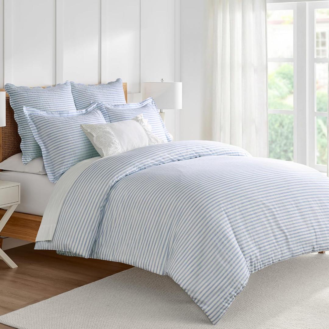 Levtex Home Martha Stripe Blue Reversible Full/Queen Comforter Set (90x94in) with 2 Pillowcases (26x20in) - Stripe Bedding - Blue, White - Cotton Queen Size Comforter Set - Lofty, Soft, Pre-Washed