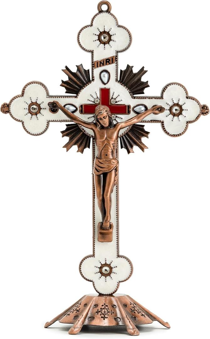 Calculs Metal Jesus Crucifix Table Cross for Home Dcor Accents - Catholic Cross for Christian Prayers Jerusalem 8" Copper