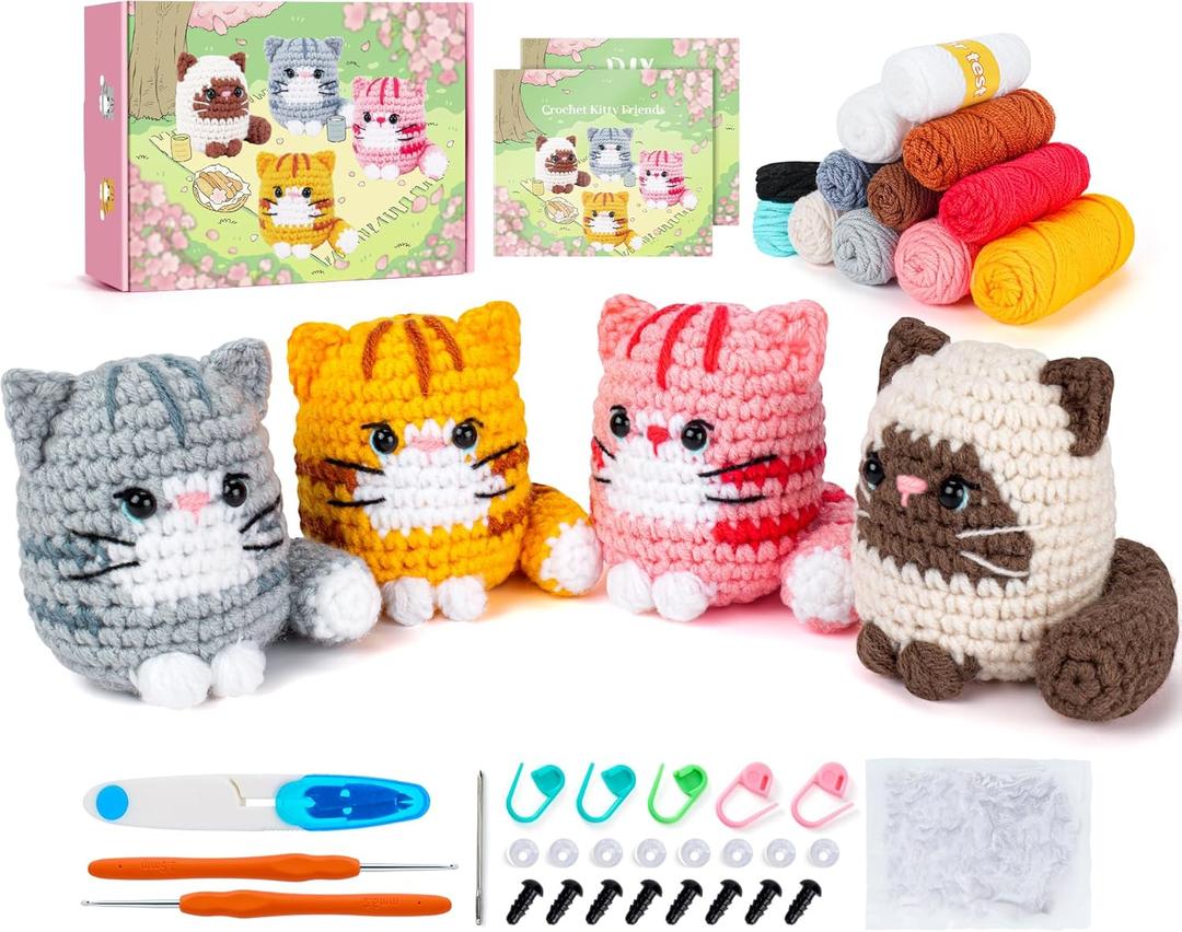 Crochet Kit for Beginners -4 PCS Cat Crochet Kit with Step-by-Step Video Tutorials, Learn to Crochet Kits for Adults, Beginner Crochet Kits for Adults, Animals Cat Crafts Knitting Kit Galentines Gifts