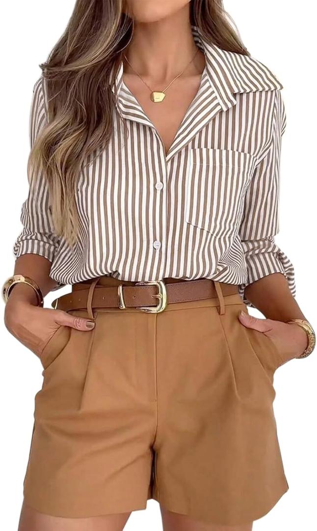 siliteelon Striped Button Down Shirts for Women Dress Shirts Long Sleeve Casual Collared Office Work Shirt with Pocket (X-Large, Brown)