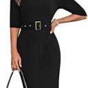 GRACE KARIN Women's Work Dress 3/4 Sleeve V Neck Bodycon Sheath Dress Zipper Up Office Business Dresses with Belt M