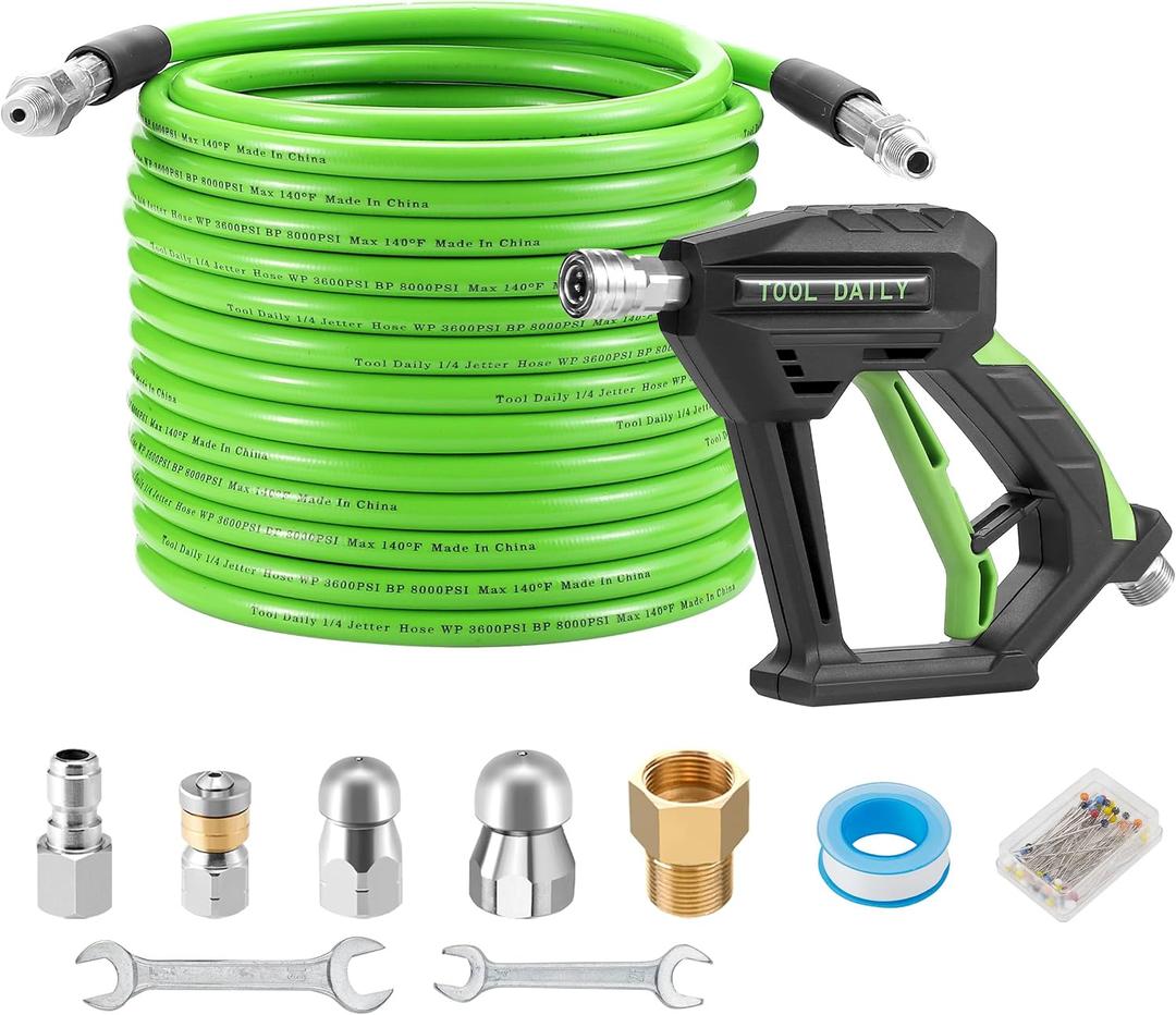 Tool Daily Sewer Jetter Kit for Pressure Washer 50 FT, Short Power Washer Gun, Drain Cleaner Hose 1/4 Inch NPT, Corner, Rotating and Button Nose Sewer Jet Nozzle, 3600 PSI (Green)