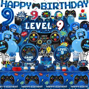 9th Birthday Decorations for Boys,197pcs Gamer Birthday Party Decorations Level 9 Birth day Decorations Plates and Napkins Cups Tablecloth Banner Honeycomb for Video Game Party Decorations
