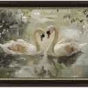 Dark Brown Framed Wall Art, Vintage Romantic Swan Painting Picture Wall Decor, A Pair Elegant White Swan Painting Picture Artwork for Bedroom, Living Room, Bathroom Office, Home Decoration 9x11inch