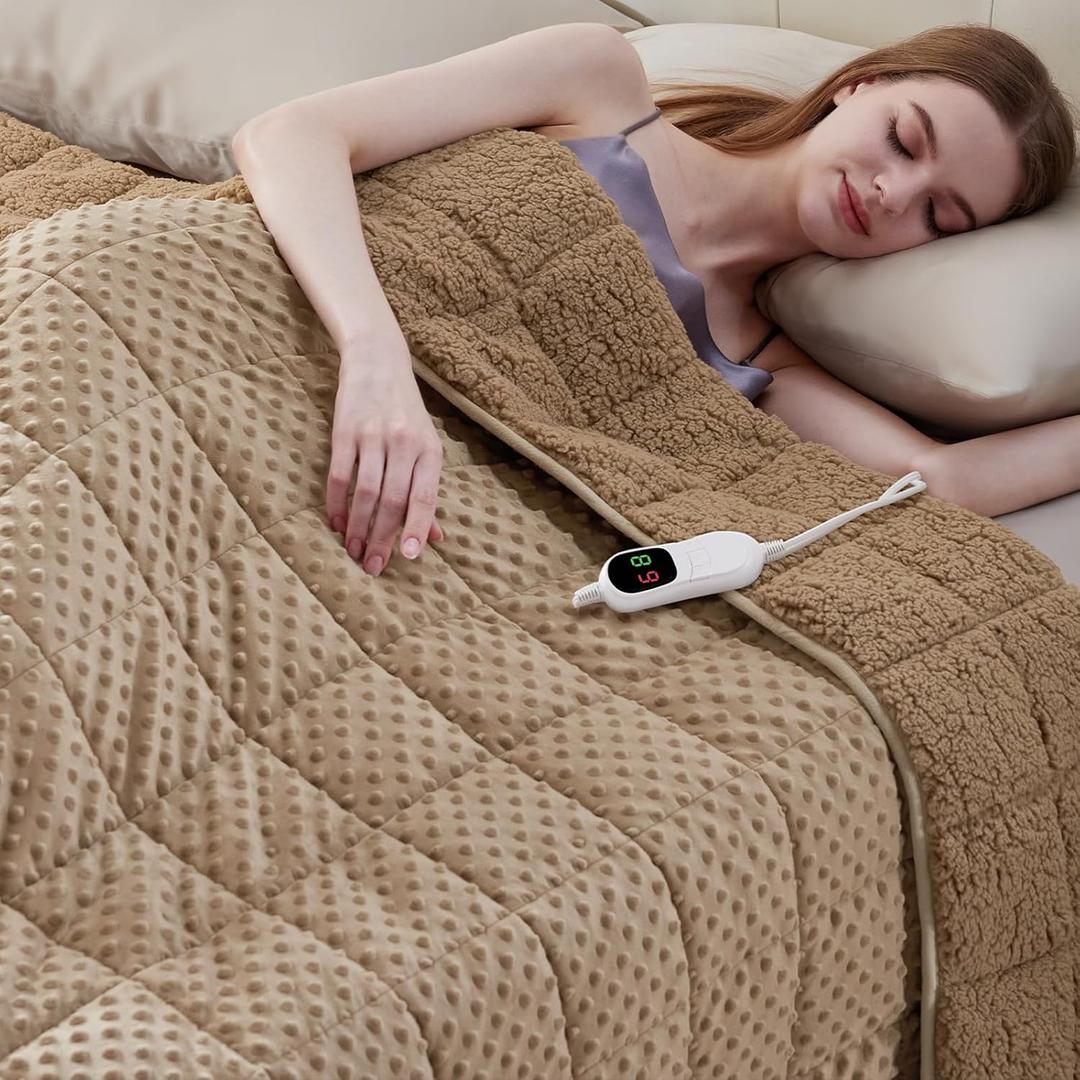 Heated Weighted Blanket for Adults, Soft Electric Throw Blanket 48''x72'' 15LBS Fast Heating Heavy Cozy Blanket with 10 Heating Levels and 1/2/4/6/8 Hours Auto Off (Beige,Twin Size) (Camel)