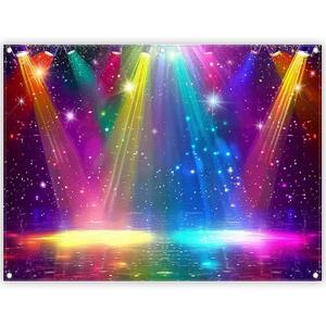 Fabric 8x6ft Disco Rainbow Stage 70s 80s 90s Backdrop Vintage Lights Photography Background Rock Music Club Neon Glow Party Decorations Photo Banner