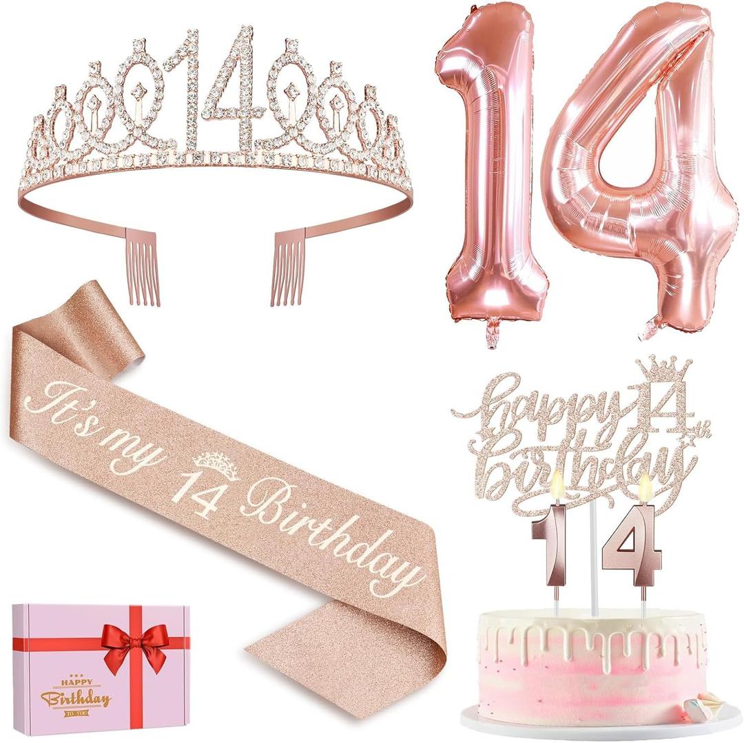 14th Birthday Decorations for Girls with 14th Birthday Sash and Tiara, Cake Topper and Candles, Number Balloons, Greeting Card, 14 Year Old Gifts for Girls