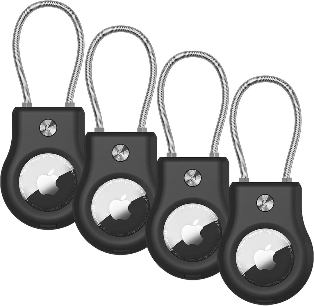 AirTag Holder 4 Pack - Air tag Lock Case with Wire Cable Compatible with Apple AirTags, Ultra Durable Anti-Lost Protective Case with Keyring for Luggage, Key, Backpack, PetBlack