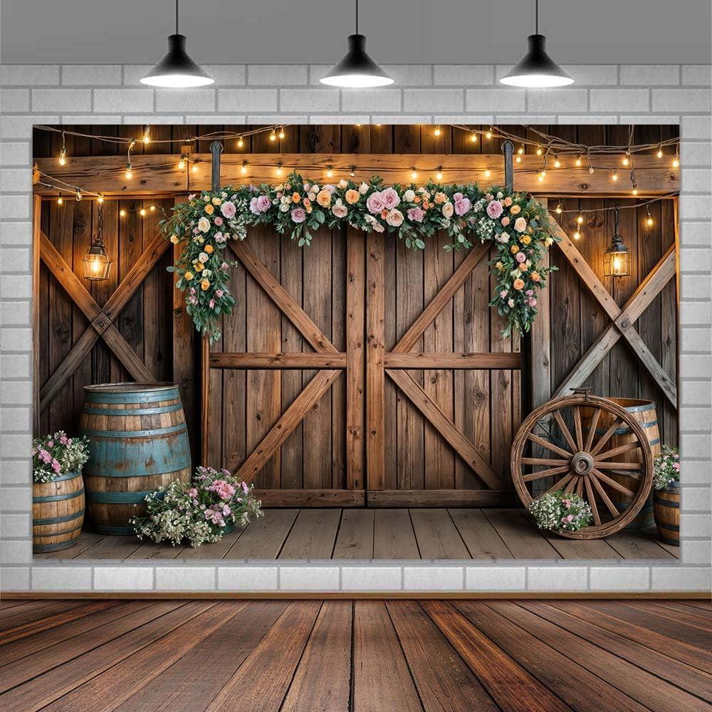 20x10ft Country Wedding Photography Backdrop Rustic Barn Door Photography Backdrop Farmhouse Pink Flower Cabin Wooden Birthday Baby Shower Wedding Bridal Party Banner Photo Booth Props Background