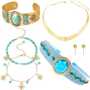 BACH AND BOUJEE 6 PCS Arabian Princess Costume Accessories for Women Princess Accessories Headband Gold Chunky Necklace Earrings Halloween Cosplay Costume Festival Party