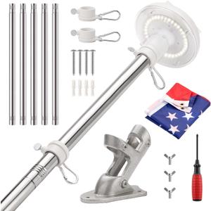6 Ft Flagpole Kit with Solar Light and 3x5 American Flag, 1" Stainless Steel Flag Pole for Outside House, Wall Mounted, Adjustable Holder, Tangle-Free Rings, Silver, 36 LED